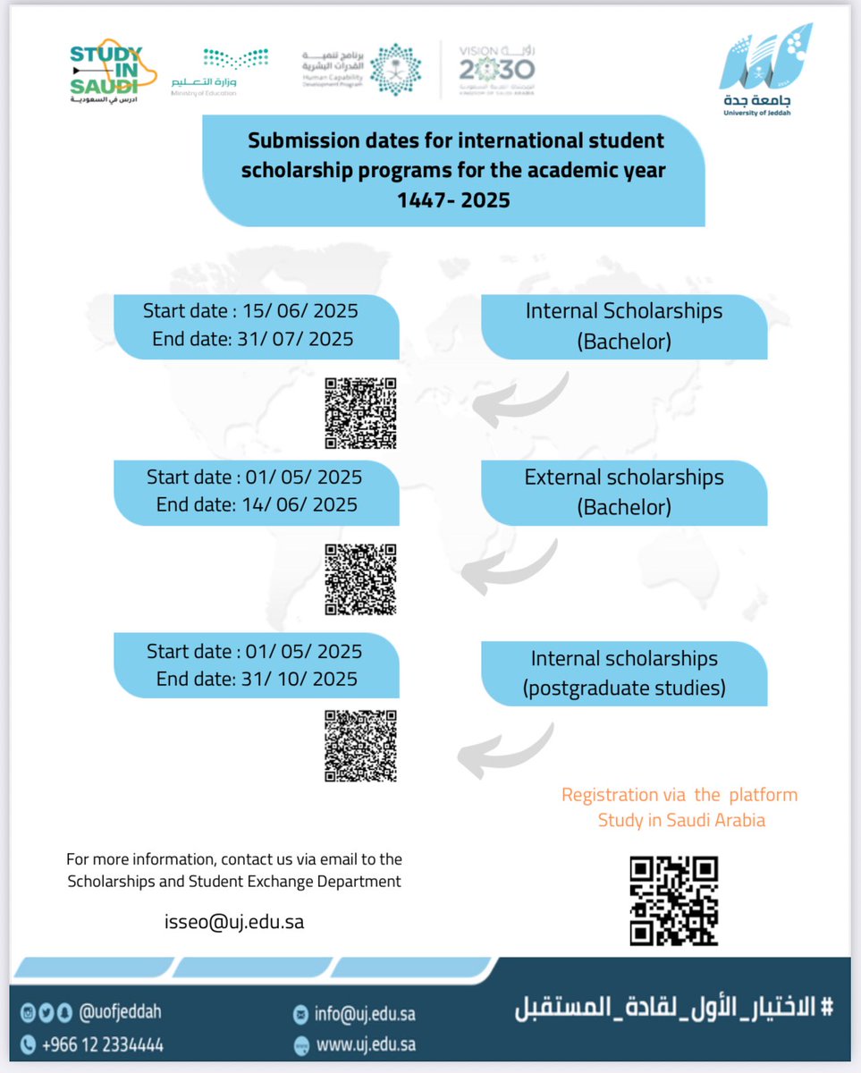 UOfjeddah's tweet image. #Learn_with_us  🗓️ about the submission dates  for international students scholarship programs for the academic year 1447 - 2025