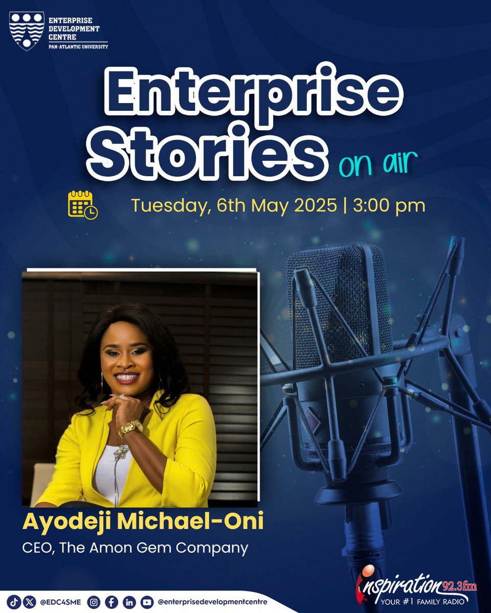 Catch Ayodeji Michael-Oni, CEO of The Amon Gem Company, on Enterprise Stories this Tuesday, 6th May 2025 at 3:00 PM on Inspiration 92.3FM! She’ll be sharing her inspiring journey of building a purpose-driven brand that shines bright. Don’t miss this!
#EnterpriseStories #EDC4SME