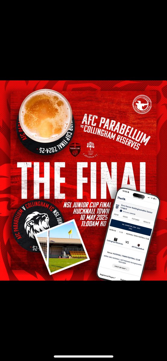 ‼️CUP FINAL‼️

Next Saturday we take on collingham reserves in the junior cup final. Get down and support the boys 🫡