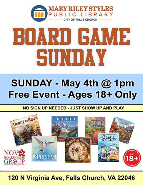 NOVA BoardGame Group (@novaboardgame) on Twitter photo Board Game Day in Falls Church today! May 4th at 1pm. Ages 18+ only. Free event. Come learn a new game!
<a href="/mrsplfc/">MRS Public Library</a> <a href="/ilovearlingtonv/">I Love Arlington VA</a> Board Game Day in Falls Church today! May 4th at 1pm. Ages 18+ only. Free event. Come learn a new game!
<a href="/mrsplfc/">MRS Public Library</a> <a href="/ilovearlingtonv/">I Love Arlington VA</a>