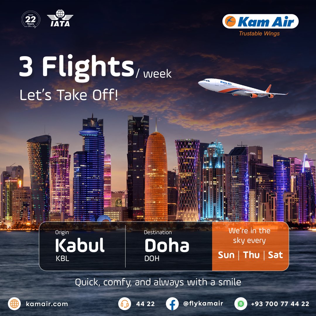 KamairRQ's tweet photo. Off to Doha? Letโs Fly! โ๏ธ
We fly to Doha 3 times a week โ Sun, Thu & Sat!
Friendly crew, cozy ride, easy travelโKam Air style.
#KamAir #KabulToDoha #FlyKamAir #TravelWithKamAir #DohaFlights #WeekendInDoha #KamAirRoutes https://t.co/TRi414Hsxi