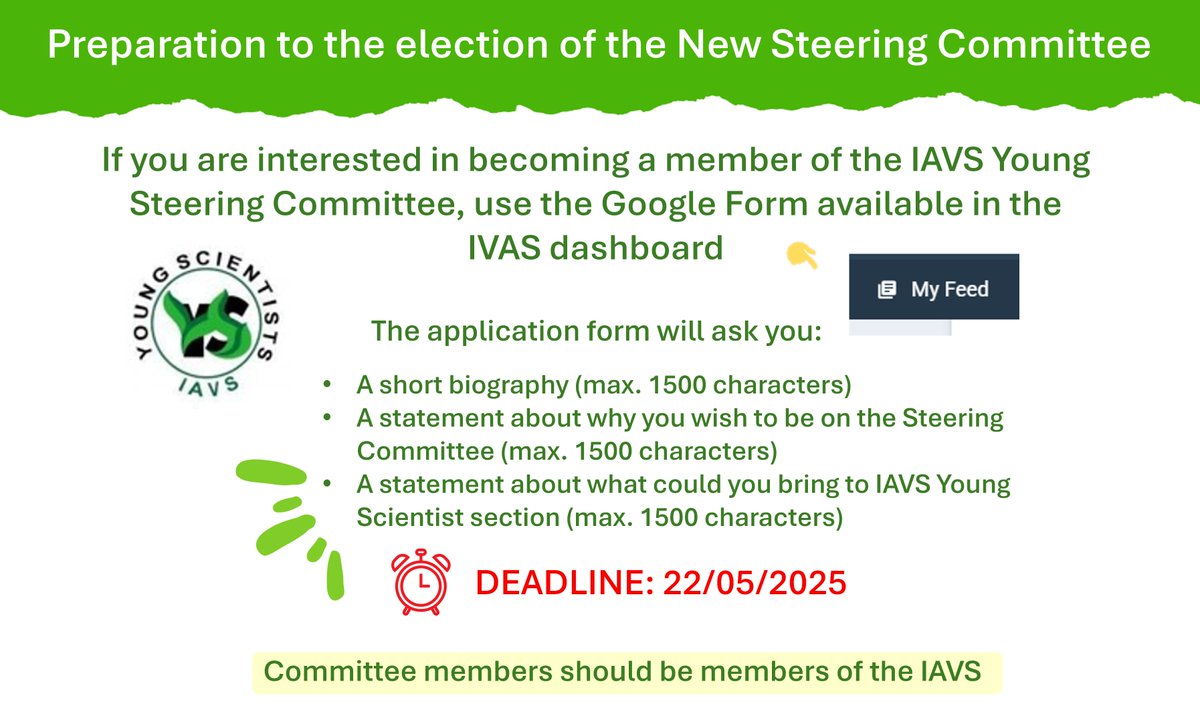 IAVS Young Scientists (@iavsyoung) on Twitter photo The deadline to apply for the #IAVS- #Young #Scientists Steering Committee is getting closer!!⌛️
Here is a reminder of the required information to apply🙂
useful link👉iavs.org/members/dashbo… The deadline to apply for the #IAVS- #Young #Scientists Steering Committee is getting closer!!⌛️
Here is a reminder of the required information to apply🙂
useful link👉iavs.org/members/dashbo…