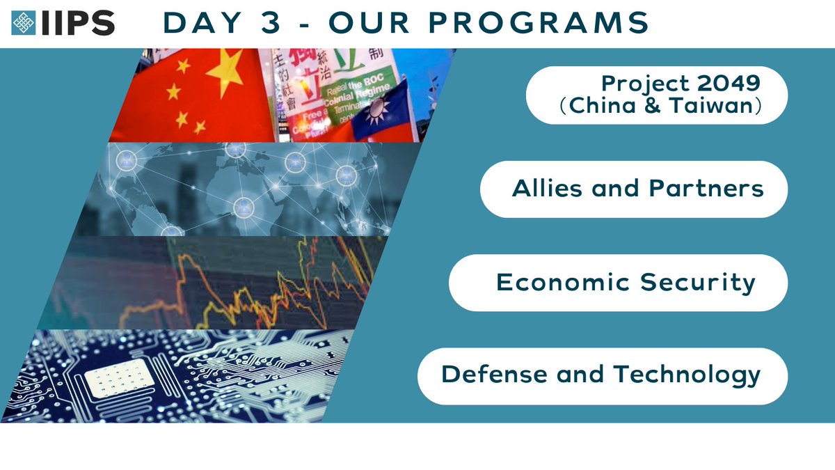 Day 3 – Program Areas

As <a href="/IIPS_org/">Institute for Indo-Pacific Security</a>, we're expanding our research horizons. From our roots in China–Taiwan analysis, we now cover:
🤝 Allies &amp; Partners
🤖 Defense &amp; Tech
📈 Economic Security

Sharper focus. Deeper insight. Same Indo-Pacific mission.
