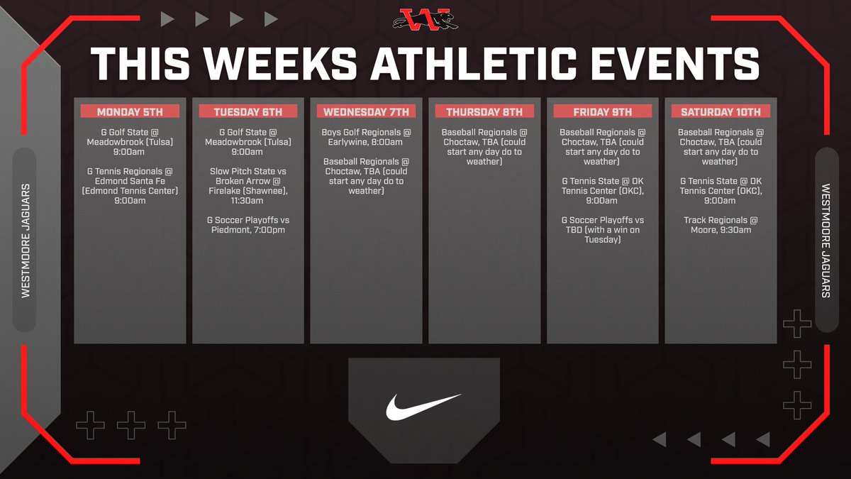 Ready for another exciting week of Jaguar athletics? Here's what's coming up! Weather will affect some of these games. Stay tuned for when changes are made.