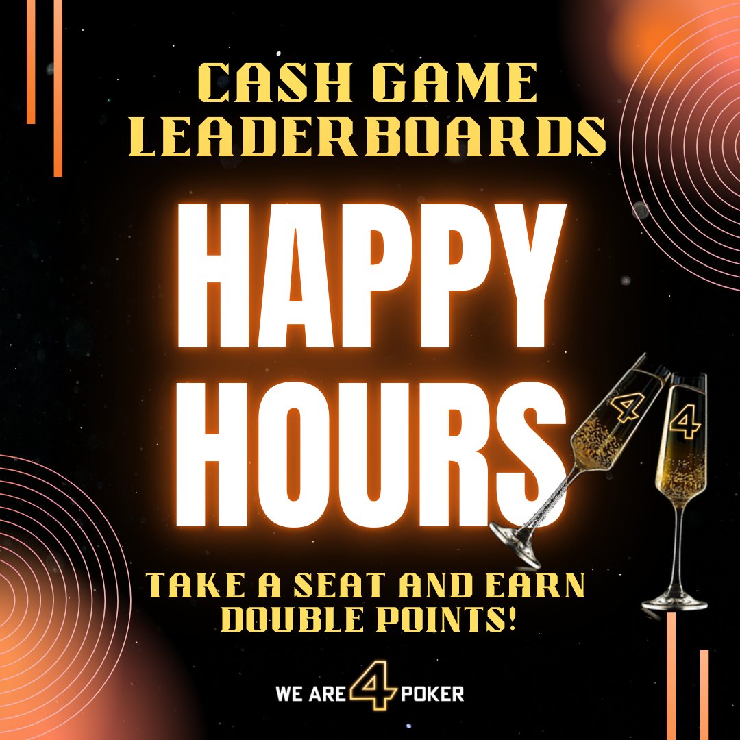 Happy Hour Time 🥂

Head over to our Cash Tables &amp; earn 2X points towards the Cash Game Leaderboards! 💸

Any raked Hand in the next 2hrs will give you double points to kick-off the week with a boost 💥

Last week's standings: 4poker.eu/promotions/cas…

Play at 4Poker 🔥