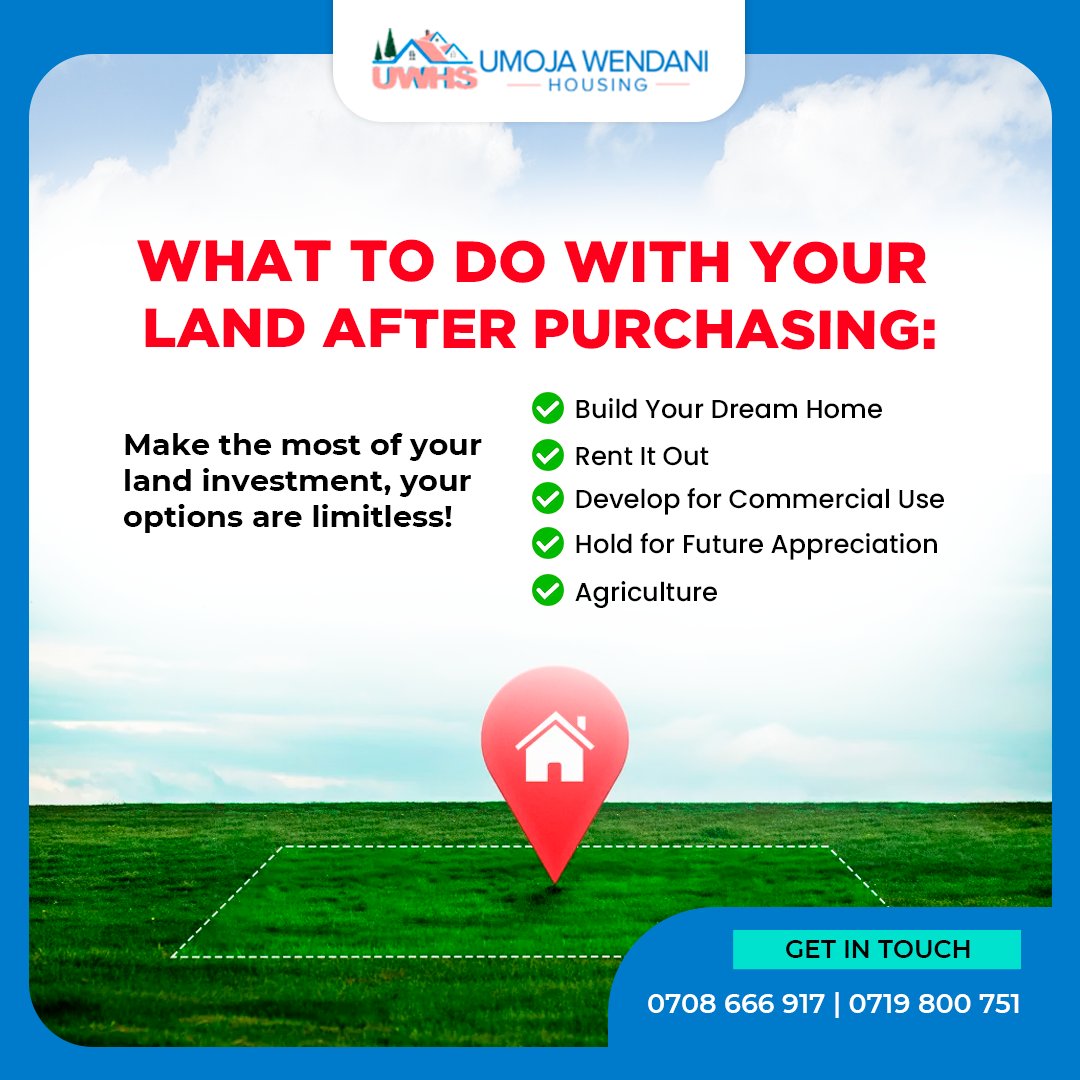 UmojaWendani's tweet photo. Unlock the full potential of your land! 🌱Whether it’s building, farming, or investing — the future is in your hands.
#LandOwnership #SmartInvesting #UmojaWendaniHousing #RealEstateKenya #BuildYourDreamHome #AgricultureOpportunities #FuturePlanning #CommercialDevelopment https://t.co/kYl5zDRKnH