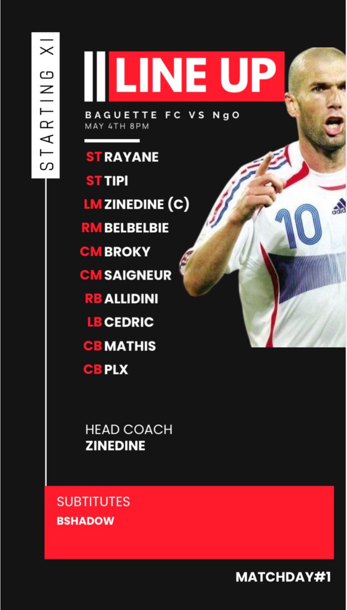 BAGUETTE_FC (@baguette_fc) on Twitter photo Our line up for tonight 👊🔥
<a href="/Rayane_bcr33/">Rayane</a>
<a href="/TIPL_972/">Patrice_Lgn ⚜️</a>
@PGR_Nyck
<a href="/Belbelbie/">Belbelbie</a>
<a href="/LordA_Saigneur/">Alexandre R.</a>
<a href="/AllidiniZ/">allidini</a>
<a href="/TehZayQ/">Cedric Thiry</a>
<a href="/MathisGuillet44/">Mathis</a>
<a href="/PLX_F1/">RSC_Jules</a>
A few starters like <a href="/Alex_Rallu/">Rallu Alexandre</a> and <a href="/Enzo_Sabaton/">Enzo Sabaton</a> won’t be with us tonight, but we’re going to win it for them 🔥#BuiltToWin 👊 Our line up for tonight 👊🔥
<a href="/Rayane_bcr33/">Rayane</a>
<a href="/TIPL_972/">Patrice_Lgn ⚜️</a>
@PGR_Nyck
<a href="/Belbelbie/">Belbelbie</a>
<a href="/LordA_Saigneur/">Alexandre R.</a>
<a href="/AllidiniZ/">allidini</a>
<a href="/TehZayQ/">Cedric Thiry</a>
<a href="/MathisGuillet44/">Mathis</a>
<a href="/PLX_F1/">RSC_Jules</a>
A few starters like <a href="/Alex_Rallu/">Rallu Alexandre</a> and <a href="/Enzo_Sabaton/">Enzo Sabaton</a> won’t be with us tonight, but we’re going to win it for them 🔥#BuiltToWin 👊