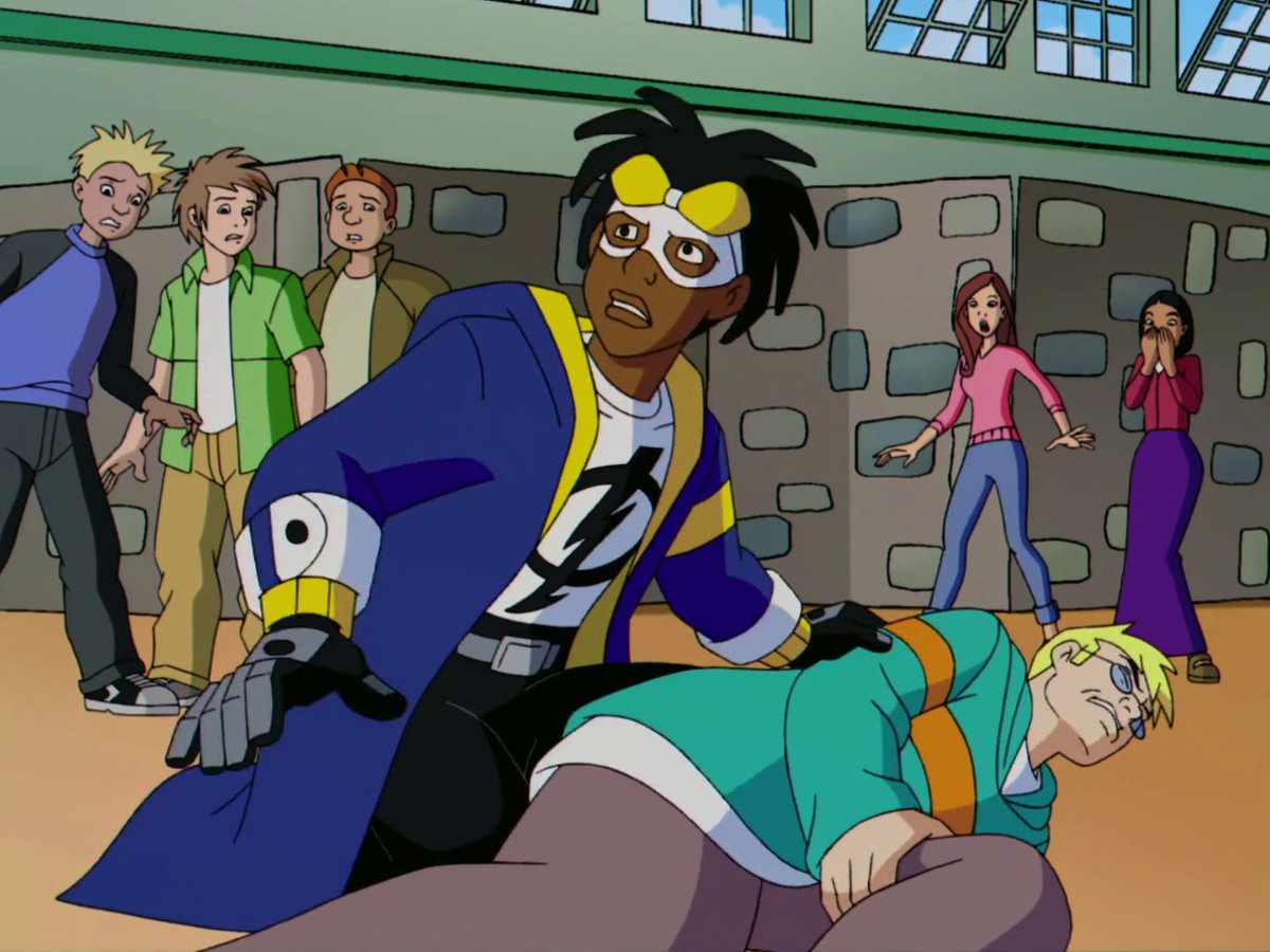 The Static Shock episode "Jimmy" debuted on this day (May 4) in 2002. Winner of the 2003 Humanitas Prize in Children's Animation, writers Dwayne McDuffie and Alan Burnett deliver a gripping tale which sees Static tackling gun violence and bullying in school. #StaticShock #Static