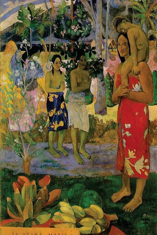 Ia Orana Maria (Te Ave María), 1891 por Paul Gauguin (Francés, 1848- 1903).
Óleo sobre lienzo | 113.7 x 87.7 cm.
Ubicación: Museo Metropolitano de Arte (Met), Ciudad de Nueva York, NY, EE. UU.