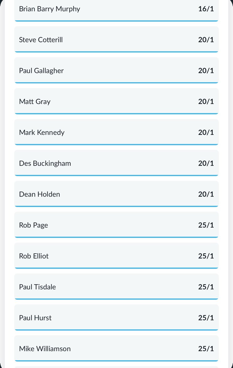 GasNewManager's tweet image. 4.5.2025 Afternoon Update
And so here it is, the first odds check since Calde’s departure
And it’s DC who is the early favourite with the bookies

Top 6
1️⃣ Darrell Clarke 4/1
2️⃣ Ian Evatt 5/1
3️⃣ Luke Williams 6/1
4️⃣ Jon Brady 8/1
5️⃣ Ian Holloway 8/1
6️⃣ Garry Monk 8/1
