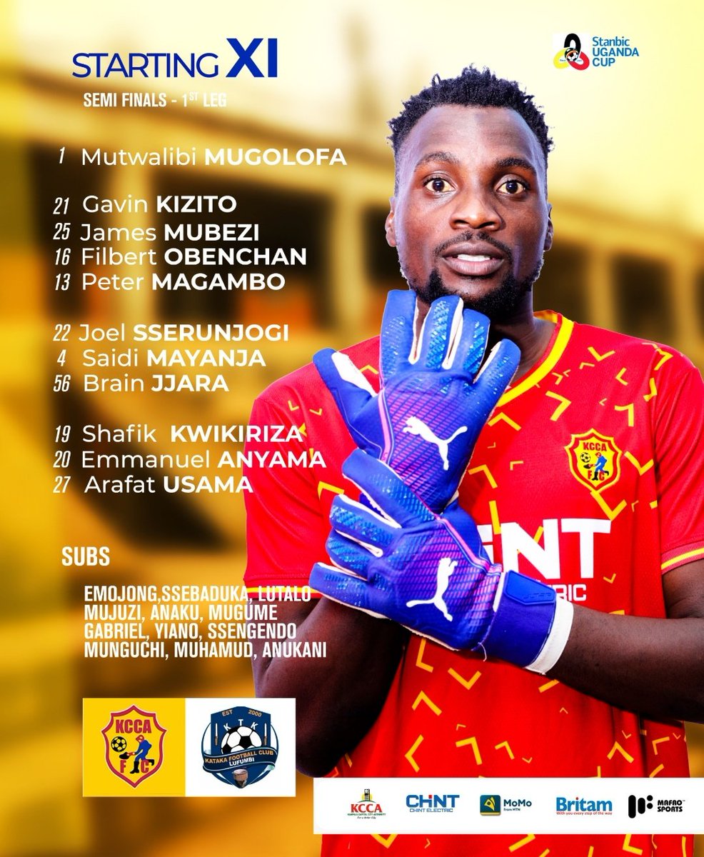 Here is the XI trusted to get the job done in the first leg of the Cup Semifinal.

#KCCAFC #KCCAKAT #StanbicUgandaCup #KCCAFC60 #51stEdition