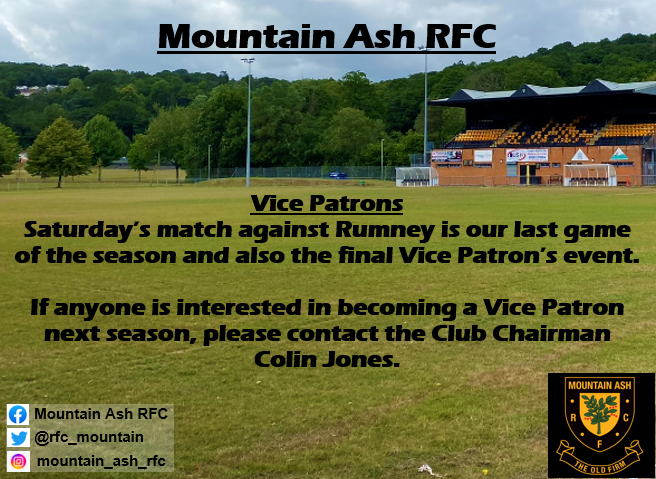 The final Vice Patron's event of the season is Saturday 10th May, after our game against Rumney RFC.