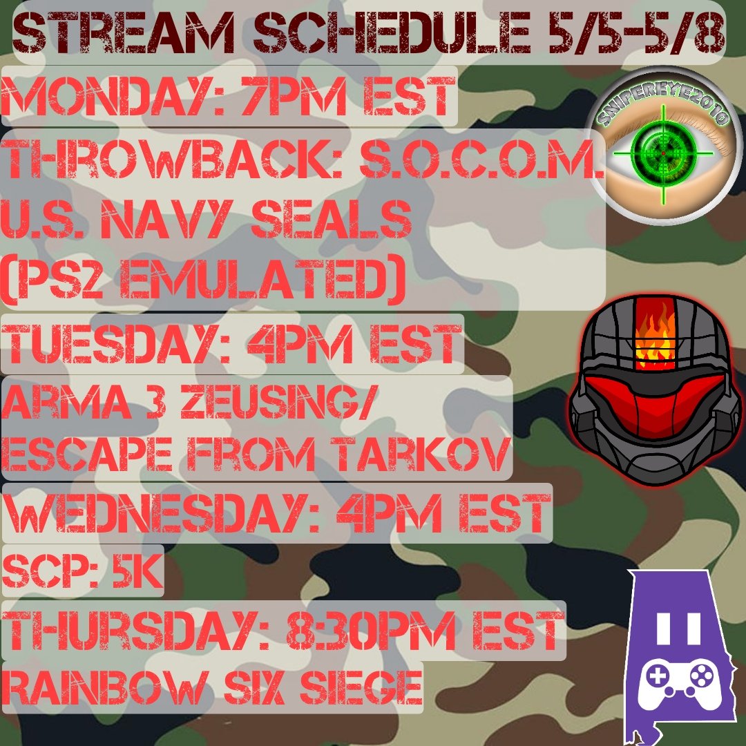 Alright, this week is kind of going to be a do-over of some of last with a bit of a modification. So Tuesday, handling part 2 of Operation: Crackdown in Arma 3, zeusing that op, then afterwards, we will play EFT. Then Wednesday, I want to revisit the new updates in SCP: 5K!