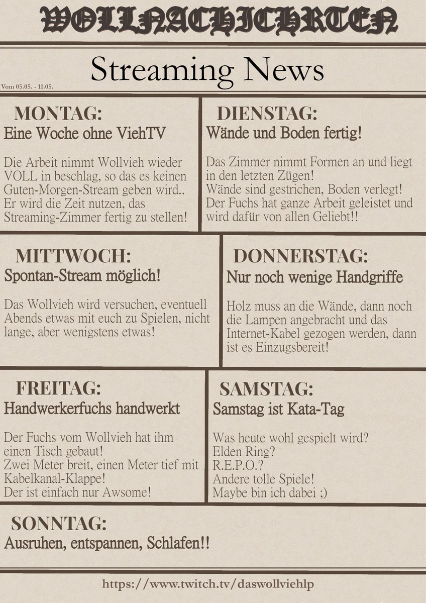 EXTRABLATT!
EXTRABLATT!!!

Die neusten WOLLNACHRICHTEN sind da!!

Leider kann bin ich diese Woche nicht oder nur Spontan Streamen..

#GERVtuber #Vtuber #Vtubers #VtuberGER #Furry