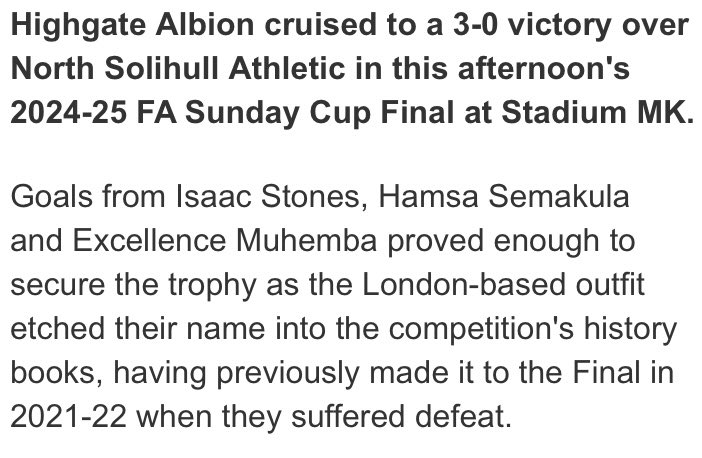 Redstones FC (@redstonesfc) on Twitter photo ๐ FA SUNDAY CUP FINAL
๐ Sunday 4th May 2025
โฝ๏ธ <a href="/Official_HAFC/">Highgate Albion FC</a> 3๏ธโฃ
โฝ๏ธ <a href="/NSA_FC_/">North Solihull Athletic</a> 0๏ธโฃ ๐ FA SUNDAY CUP FINAL
๐ Sunday 4th May 2025
โฝ๏ธ <a href="/Official_HAFC/">Highgate Albion FC</a> 3๏ธโฃ
โฝ๏ธ <a href="/NSA_FC_/">North Solihull Athletic</a> 0๏ธโฃ