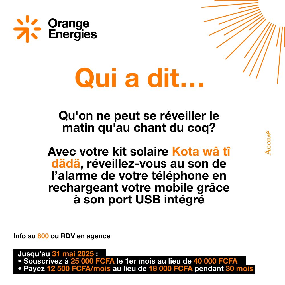 Qui a dit qu’on ne peut se réveiller le matin qu’au chant du coq ?

Offrez-vous la lumière avec le kit solaire Kota wâ tî dädä. Souscrivez pour seulement 25 000 F et payez 12 500 F chaque mois au lieu de 18 000 F.
RDV en agence la appelez le 800.

#KitSolaire #OrangeAKeDa