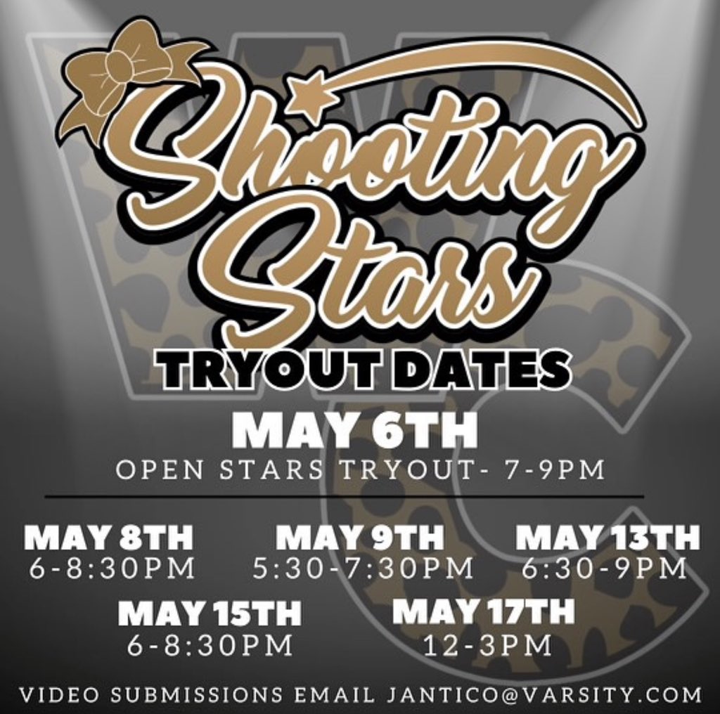 ✨ Calling all future stars! 🌟 Are you ready to shine like a Shooting Star? 

Don't miss out on pre-evaluation May 5th, followed by open tryouts. Join us and show us what you've got!

Video submission email: JANTICO@VARSITY.COM