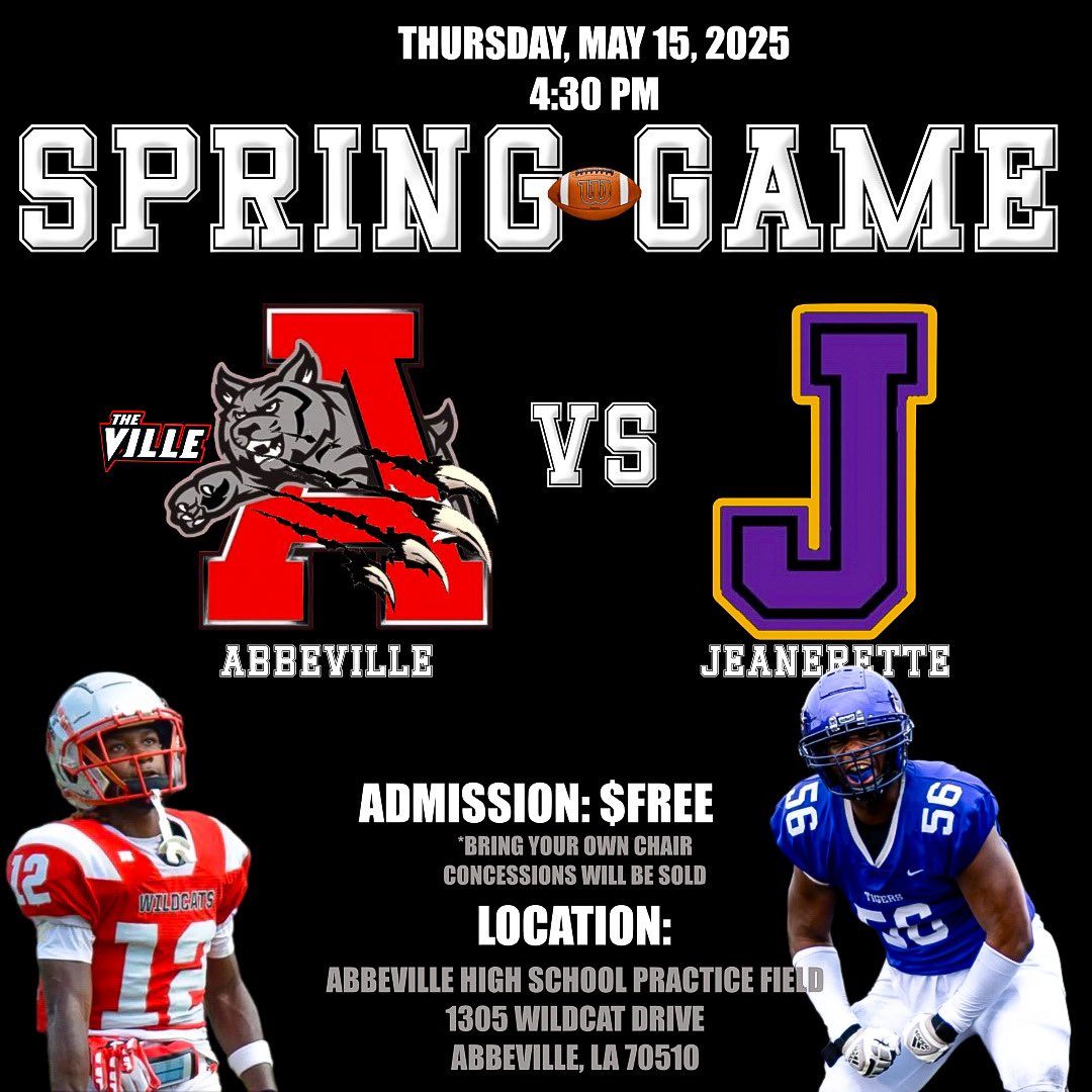 Thursday, May 15th, College Coaches, Parents, Guardians, Supporters, and Student-Athletes please come out and see a preview of the Abbeville High School &amp; Jeanerette HS Football programs.
Abbeville High School

Location: Abbeville HS
Time: 4:30pm
#PleaseShare

#NoDepositNoReward