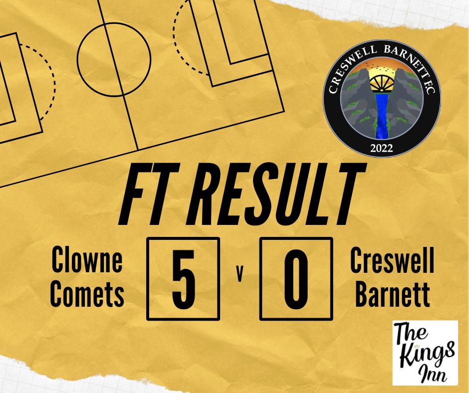 𝗙𝗨𝗟𝗟 𝗧𝗜𝗠𝗘 𝗥𝗘𝗦𝗨𝗟𝗧

Clowne Comets 5-0 Creswell Barnett FC

Our season comes to an close with a defeat away from home which sees us finish our first season in Division 3 in mid table.