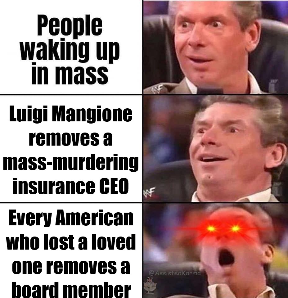 To Them, We Are All Ashli Babbitt (@assistedkarma) on Twitter photo <a href="/WallStreetApes/">Wall Street Apes</a> This is 'okay' because it's cheaper for healthcare board members to buy our 'representatives', and have them legalize mass-murd3ring over 110 Americans every day.
There aren't enough Luigi Mangione's. <a href="/WallStreetApes/">Wall Street Apes</a> This is 'okay' because it's cheaper for healthcare board members to buy our 'representatives', and have them legalize mass-murd3ring over 110 Americans every day.
There aren't enough Luigi Mangione's.