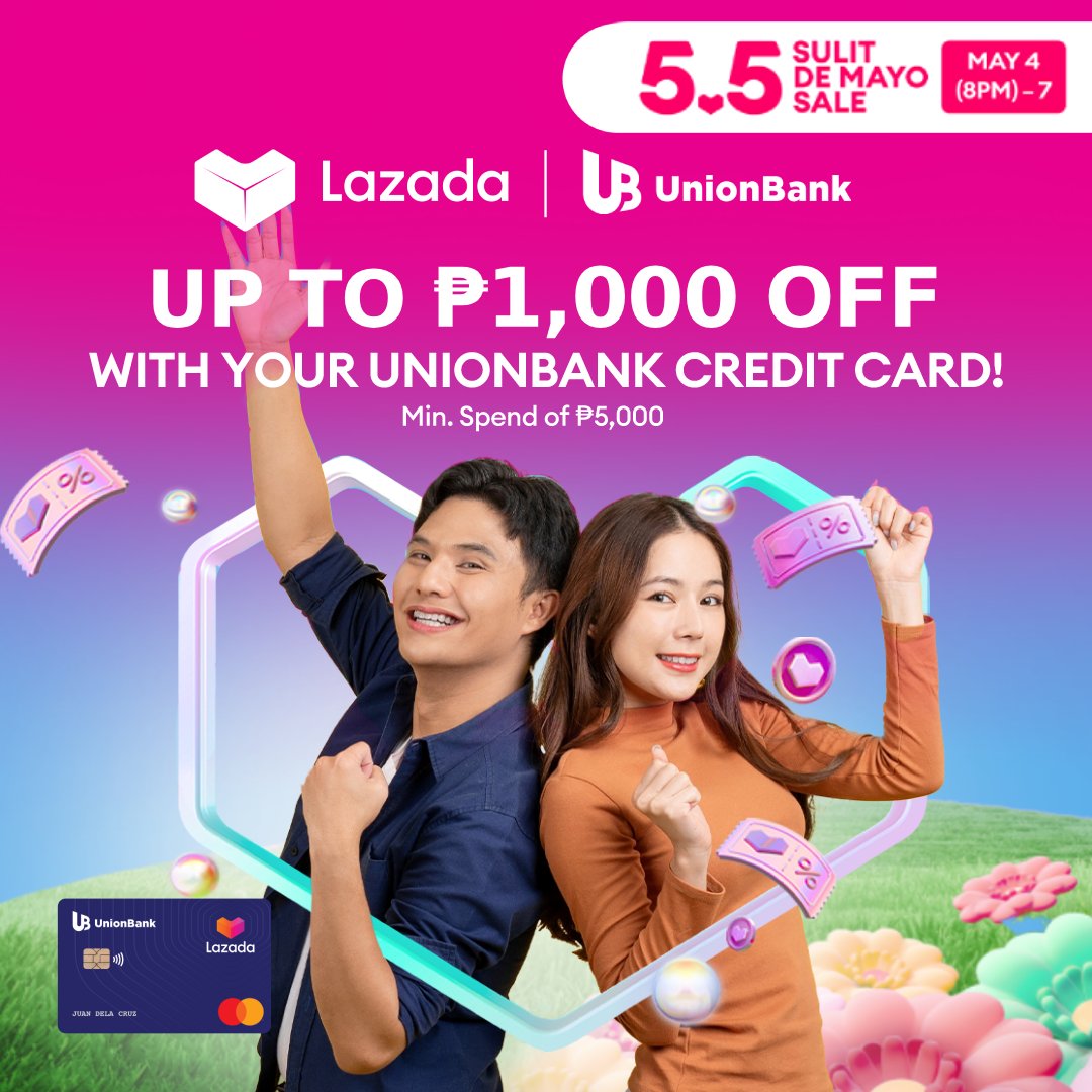 Enjoy up to ₱1,000 OFF at the Lazada 5.5 Sale exclusively with your UnionBank Lazada Credit Card! Get 20% off with a min spend of ₱3,000 from May 4(8pm) to 9, 2025 .

Learn more: unionbankph.com/cards/lazada/p…
.
.
.
. T&amp;Cs apply. Union Bank of the Philippines is regulated by the