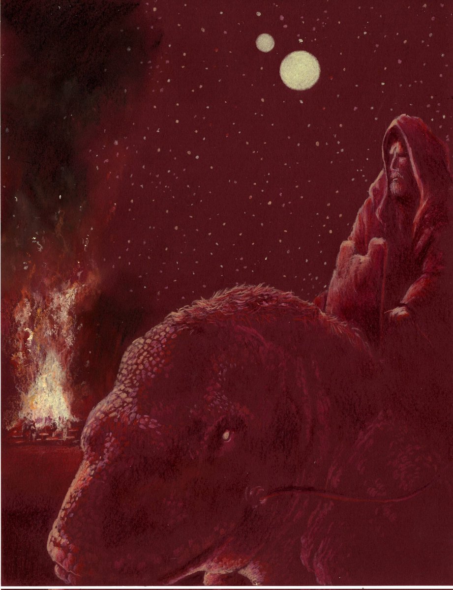 I loved the final clash between Obi-Wan and Darth Maul. Always thought he'd have given Maul a respectful send-off. I wanted to 'imagine' Kenobi on his dewback, looking back thoughtfully at the funeral pyre. A4 colour pencils on colour paper.

#MayThe4thBeWithYou