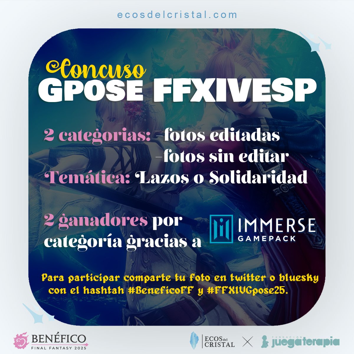 ¡Concurso de Gpose con motivo del evento benéfico!

Comparte aquí o citanos con el tag #BeneficoFF y una foto editada o sin edición de la temática "Lazos" o "Solidaridad"

Los ganadores obtendrán una licencia de Immerse vitalicia para #FFXIV gracias a <a href="/EmbodyAudio/">Embody</a> 😄