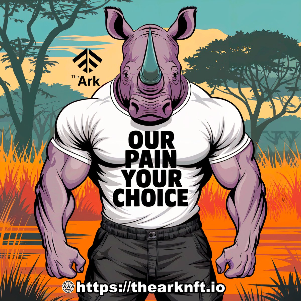 🦏 OUR PAIN. YOUR CHOICE.
This isn’t just a cool art it’s a powerful voice for endangered animals. Minting on The Ark means standing up for those who can’t speak. Every NFT supports real world conservation and brings awareness to the suffering wildlife face every day.

🔥 Make