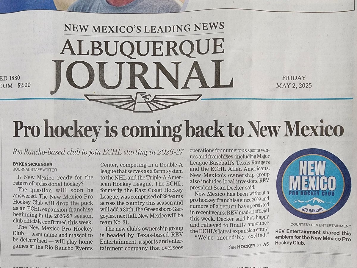 Gregg Hull (@gregghullforrr) on Twitter photo It is very exciting for #Rio Rancho and the @rioranchoeventscenter that ECHL Pro Hockey will return to the event center. #echlhockey <a href="/echlhockey/">ECHL Hockey</a> press conference on Tuesday at the event center. #hockeyisback It is very exciting for #Rio Rancho and the @rioranchoeventscenter that ECHL Pro Hockey will return to the event center. #echlhockey <a href="/echlhockey/">ECHL Hockey</a> press conference on Tuesday at the event center. #hockeyisback