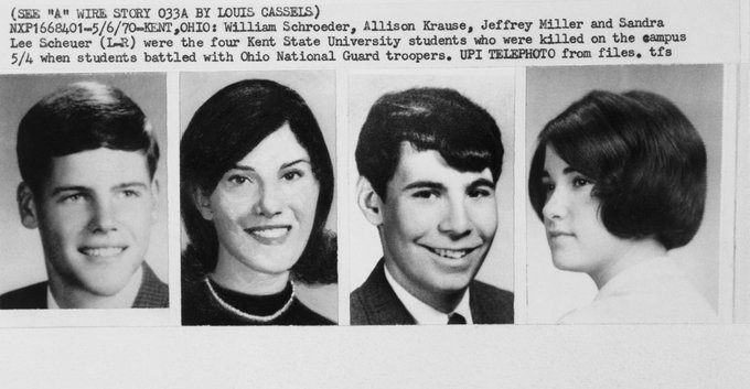 TammiMinoski's tweet photo. #OTD 1970: National Guardsmen killed 4 unarmed students at #KentState. The students were: Allison Krause, Jeffrey Miller, Sandra Scheuer, and William Knox Schroeder. 
#4deadinohio  #KentStateMay4 https://t.co/gByreFd5zp