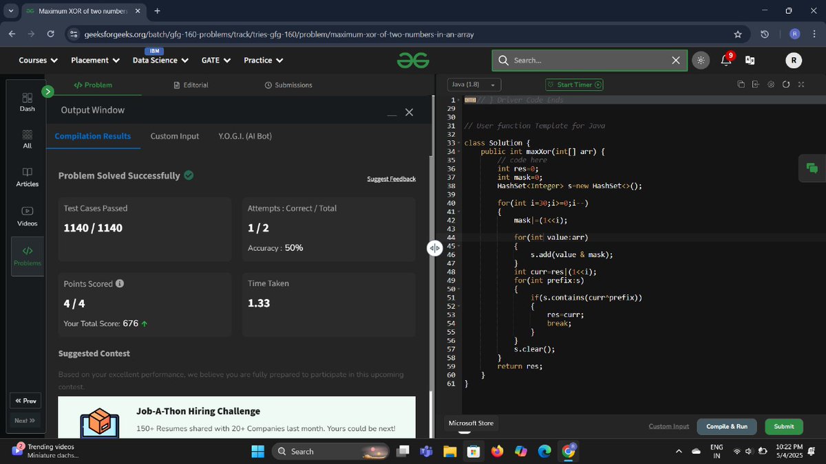 Rameshwari (@datacode2025) on Twitter photo Day 156✅Of 160gfg Challenge
Problem-Maximum Xor Of two numbers
Approach-Finds the maximum XOR of two numbers using bitwise operations and a hash set for prefix storage. It iterates over bits, tracks XOR values, and updates the result
#160gfgchallenge <a href="/geeksforgeeks/">GeeksforGeeks</a> #womenintech Day 156✅Of 160gfg Challenge
Problem-Maximum Xor Of two numbers
Approach-Finds the maximum XOR of two numbers using bitwise operations and a hash set for prefix storage. It iterates over bits, tracks XOR values, and updates the result
#160gfgchallenge <a href="/geeksforgeeks/">GeeksforGeeks</a> #womenintech