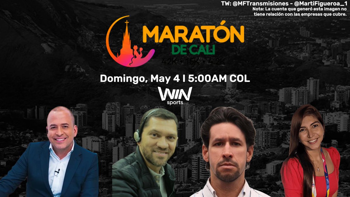 (📆 HOY)
🇨🇴 <a href="/maratondecali/">Maraton de Cali</a> 2025

Relator: <a href="/CarlosGolmez/">Carlos Armando Gomez</a>
Comentaristas: <a href="/JJMiranda15/">JJ Miranda</a> y <a href="/Jucesasi/">Julio César Sandoval</a>
Reportera: <a href="/Gomez_Nia/">EstefaNia Gómez</a>

📺: <a href="/WinSportsTV/">Win Sports</a>

📱 ¡Síguenos!