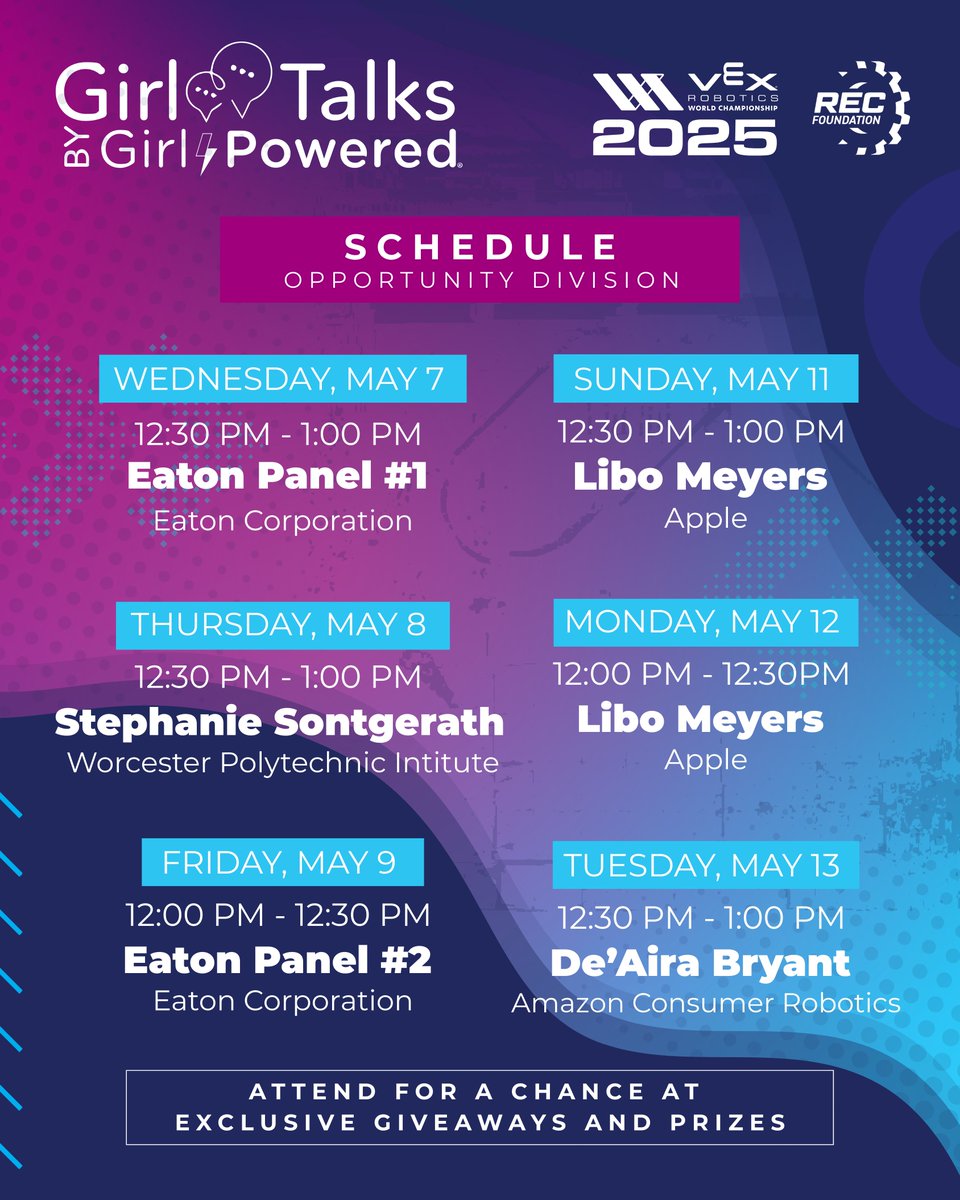 REC Foundation (@rec_foundation) on Twitter photo Get ready to be inspired! 💫 Join us over the next two weeks at Girl Talks Powered by Girl Powered during the <a href="/VEXRobotics/">VEX Robotics</a> World Championship as incredible experts in STEM share their journeys. 🙌 Check out the impressive speaker lineup.
#GirlPowered #STEM #VEXWorlds Get ready to be inspired! 💫 Join us over the next two weeks at Girl Talks Powered by Girl Powered during the <a href="/VEXRobotics/">VEX Robotics</a> World Championship as incredible experts in STEM share their journeys. 🙌 Check out the impressive speaker lineup.
#GirlPowered #STEM #VEXWorlds