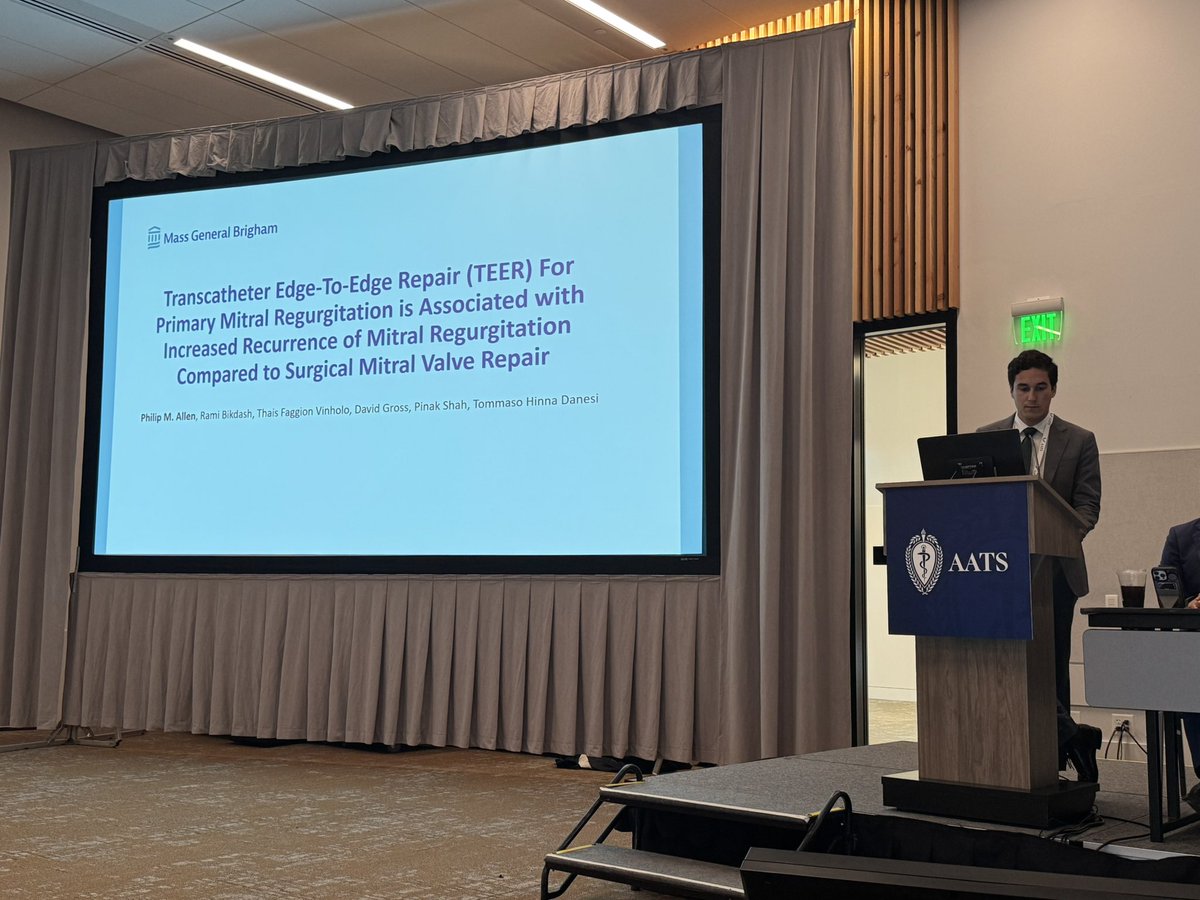 Fantastic job by our own research resident Philip Allen on TEER vs. Surgical MV repair! Great insights, RCT to come. #AATS2025