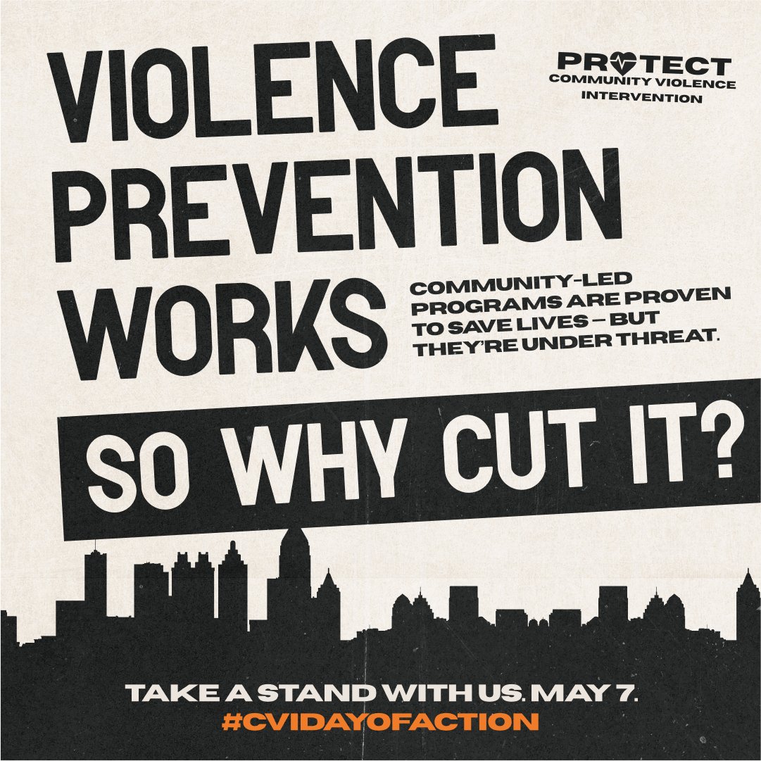 Community Violence Intervention (CVI) works.
It’s proven to reduce violence and make cities safer—for everyone.

But right now, this life-saving work is in jeopardy.

On May 7, join us in calling on Congress to fund CVI to make communities safer.
#ProtectCVI #CVIDayOfAction