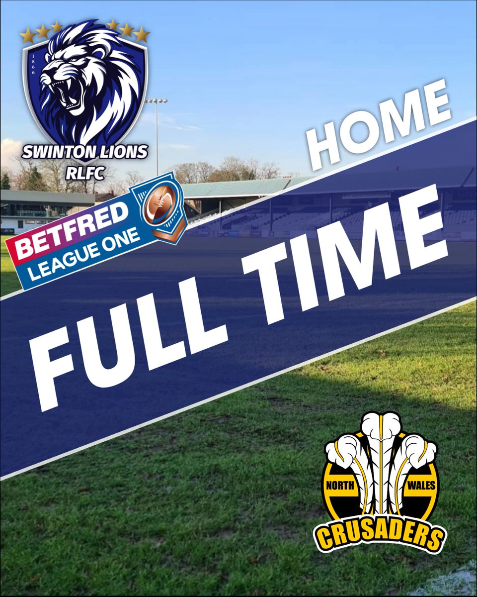 Swinton 26 - North Wales 20
A fantastic win for the Lions!
Thank you to all for your support this afternoon, as Swinton inflict Crusaders' first BetFred League One defeat of the season. 
#COYL #OneClubOneVision
