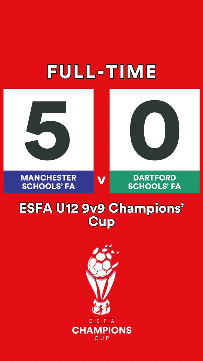 English Schools' Football Association (@schoolsfootball) on Twitter photo <a href="/ManSchoolsFA/">Manchester Schools FA</a> <a href="/DartfordSchFA/">Dartford Schools FA</a> 🏆ESFA U12 9v9 Champions’ Cup Final🏆
FULL-TIME
<a href="/ManSchoolsFA/">Manchester Schools FA</a> 5-0 <a href="/DartfordSchFA/">Dartford Schools FA</a>
🔴🔵⚪ <a href="/ManSchoolsFA/">Manchester Schools FA</a> <a href="/DartfordSchFA/">Dartford Schools FA</a> 🏆ESFA U12 9v9 Champions’ Cup Final🏆
FULL-TIME
<a href="/ManSchoolsFA/">Manchester Schools FA</a> 5-0 <a href="/DartfordSchFA/">Dartford Schools FA</a>
🔴🔵⚪