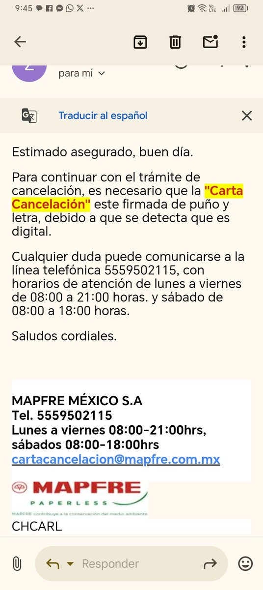 Elisangil's tweet photo. @AtencionProfeco @Profeco quiero cancelar una póliza con @MAPFRE @MAPFRE_MX  y el proceso es enredado, piden una carta firmada, pero nunca especifican que sea impresa, firmada con tinta y escaneada. De puño y letra puedo hacerla también digital y enviarla. Ojalá puedan ayudarme. https://t.co/4acDjjBleI