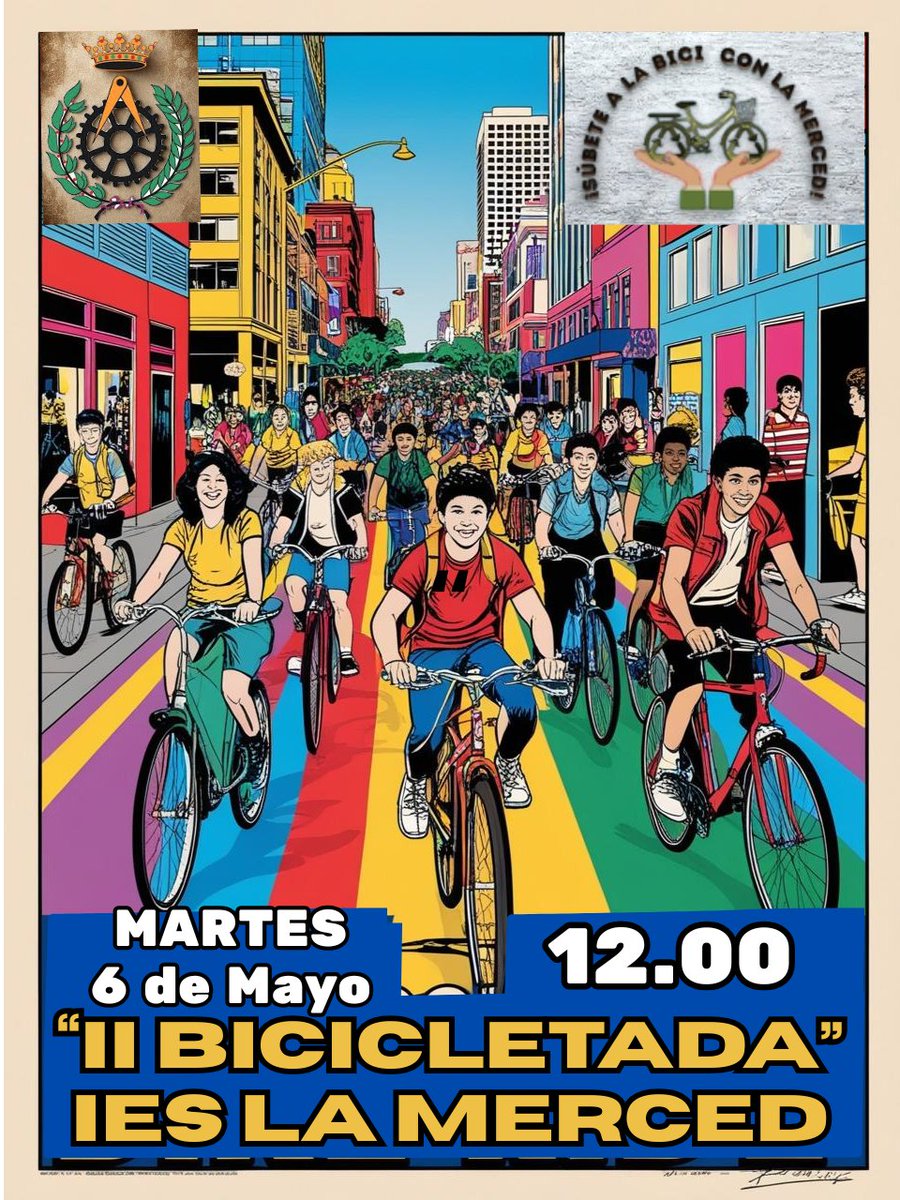 "II BICICLETADA IES LA MERCED"
Os invitamos a participar en nuestra "II Bicicletada" que tendrá lugar el "martes 6 de mayo" a las 12.00 de la mañana. Con salida desde el patio de nuestro instituto que tiene la entrada por la calle Don Sancho.