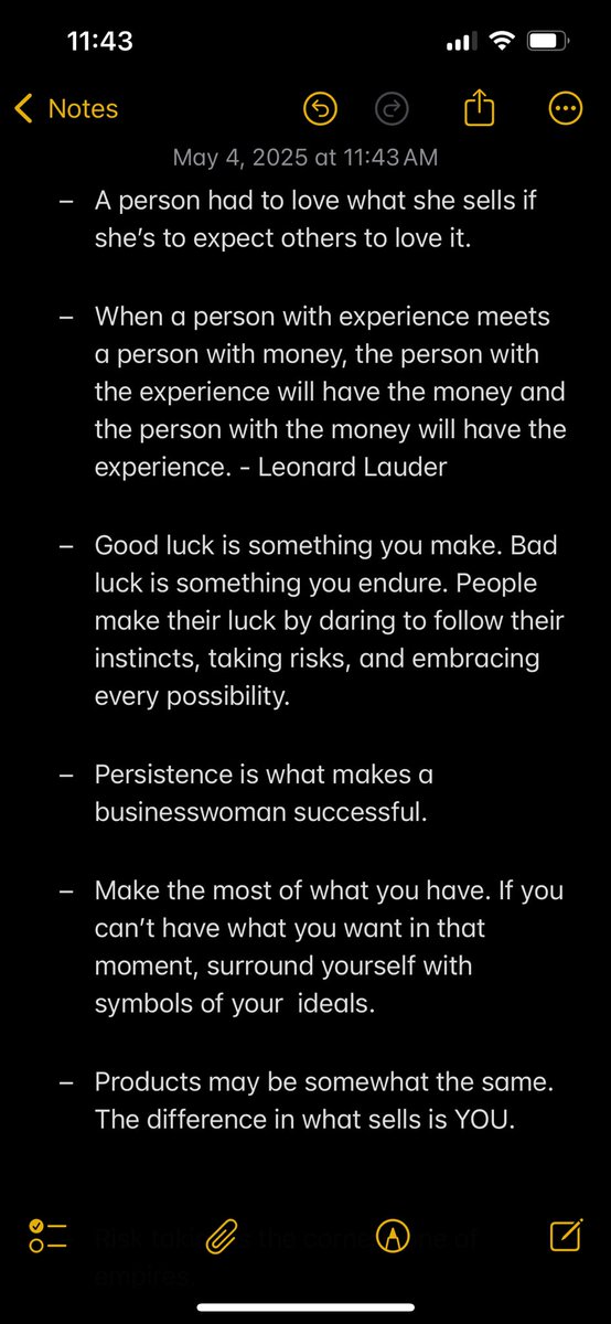 I sat on buying this book <a href="/EsteeLauder/">Estée Lauder</a> for 3 months because of the price. I caved.  Prudent decision.

Estee was a trailblazer in business over a century ago. Her story is about incredible persistence, an obsession for business, and her love for her family.  What I learned: