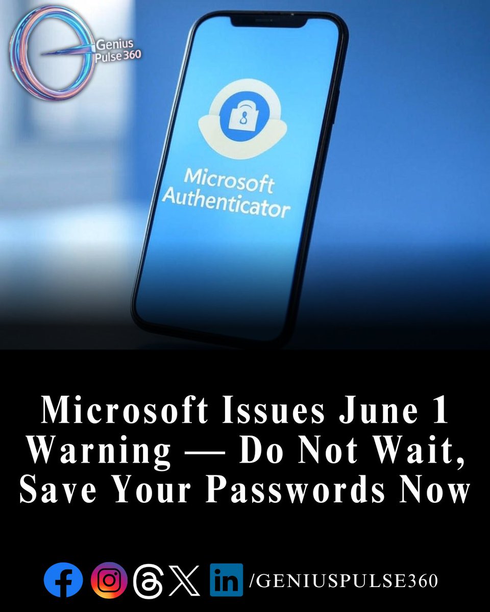 geniuspulse360's tweet image. Microsoft will discontinue the password management feature in its Authenticator app after June 1, 2025; users should export saved passwords before this date to avoid data loss.
#Microsoft #AuthenticatorApp #PasswordManager #DataSecurity #TechUpdate #CyberSecurity