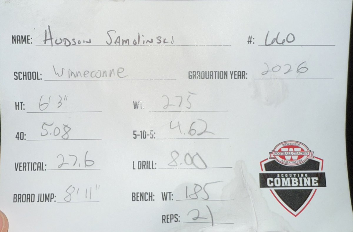 Hudson Samolinski (@h_samolinski) on Twitter photo Here are my times, distances, and reps from the WFCA combine. Thank you to all of the coaches I got to talk to it was an honor. <a href="/PrepRedzoneWI/">Prep Redzone Wisconsin</a> <a href="/wolves_sports1/">Winneconne Athletics</a> <a href="/WinneconneFB/">Winneconne Football</a> Here are my times, distances, and reps from the WFCA combine. Thank you to all of the coaches I got to talk to it was an honor. <a href="/PrepRedzoneWI/">Prep Redzone Wisconsin</a> <a href="/wolves_sports1/">Winneconne Athletics</a> <a href="/WinneconneFB/">Winneconne Football</a>