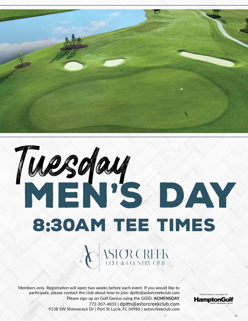 🏌️‍♂️Hey Gents, join us for Tuesday Men's Day!⁠
⁠
Tuesdays | 8:30 AM Tee Times⁠
Registration opens via Golf Genius two weeks before each event.
⁠
Members only. If you would like to participate, please contact the Club about how to join: dpitts@astorcreekclub.com⁠