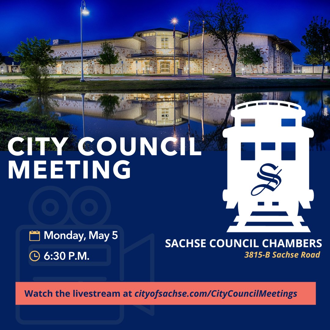 Join us on Monday, May 5, at 6:30 p.m. for the regularly scheduled City Council meeting in the Council Chambers at City Hall (3815-B Sachse Rd).

Or watch LIVE on Facebook or our website. To view the agenda, minutes, and videos, click here: bit.ly/AgendasMinutes…