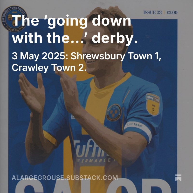 Salop_Ian's tweet image. A Large Grouse 🥃 brings you its last match day sketch of the 2024-25 season.
#Salop v Crawley Town
🟦🟧🟦🟧🟦🟧🟦
open.substack.com/pub/alargegrou…