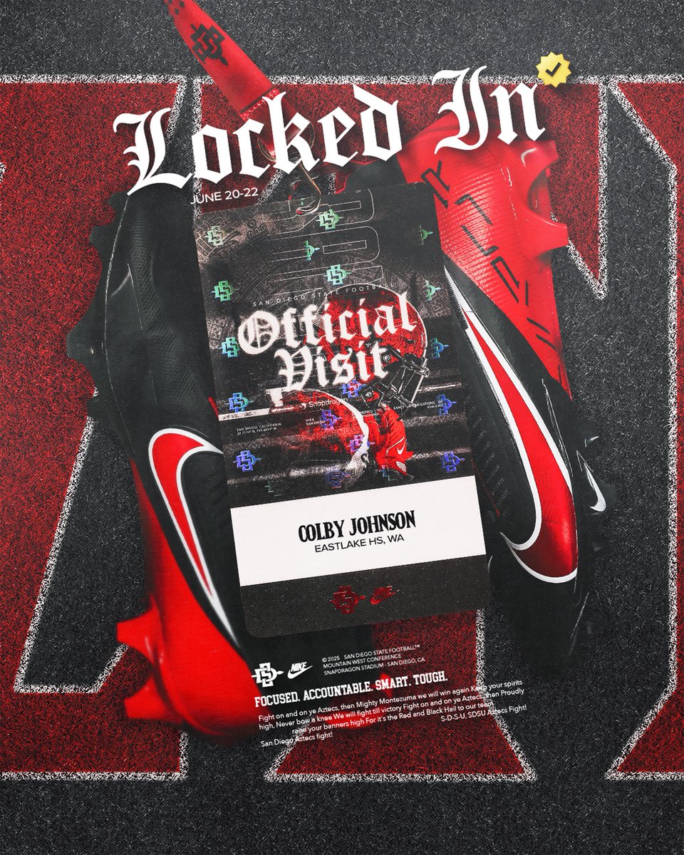 Colby Johnson (@colbyjohnson_26) on Twitter photo Can’t wait to get down to San Diego State University for my OV on June 20th! Thank you <a href="/RobAurich/">Coach Aurich</a> for the great visit this week!
<a href="/BrandonHuffman/">Brandon Huffman</a> <a href="/adamgorney/">Adam Gorney</a> <a href="/TFordFSP/">Tracy Ford</a> <a href="/BlairAngulo/">Blair Angulo</a> <a href="/BDPRecruiting/">Bryan Payton</a> <a href="/JordanJ_/">Jordan Johnson</a> <a href="/CoachGHerd/">Greg Herd</a> <a href="/ttherzog/">Coach Trent Herzog</a> <a href="/NickFarman55/">Nick Farman M.S.</a> <a href="/DevinRecord/">Devin Record | Coach, Recruiter, & Scout |</a> <a href="/PrepRedzoneWA/">Prep Redzone Washington</a> Can’t wait to get down to San Diego State University for my OV on June 20th! Thank you <a href="/RobAurich/">Coach Aurich</a> for the great visit this week!
<a href="/BrandonHuffman/">Brandon Huffman</a> <a href="/adamgorney/">Adam Gorney</a> <a href="/TFordFSP/">Tracy Ford</a> <a href="/BlairAngulo/">Blair Angulo</a> <a href="/BDPRecruiting/">Bryan Payton</a> <a href="/JordanJ_/">Jordan Johnson</a> <a href="/CoachGHerd/">Greg Herd</a> <a href="/ttherzog/">Coach Trent Herzog</a> <a href="/NickFarman55/">Nick Farman M.S.</a> <a href="/DevinRecord/">Devin Record | Coach, Recruiter, & Scout |</a> <a href="/PrepRedzoneWA/">Prep Redzone Washington</a>