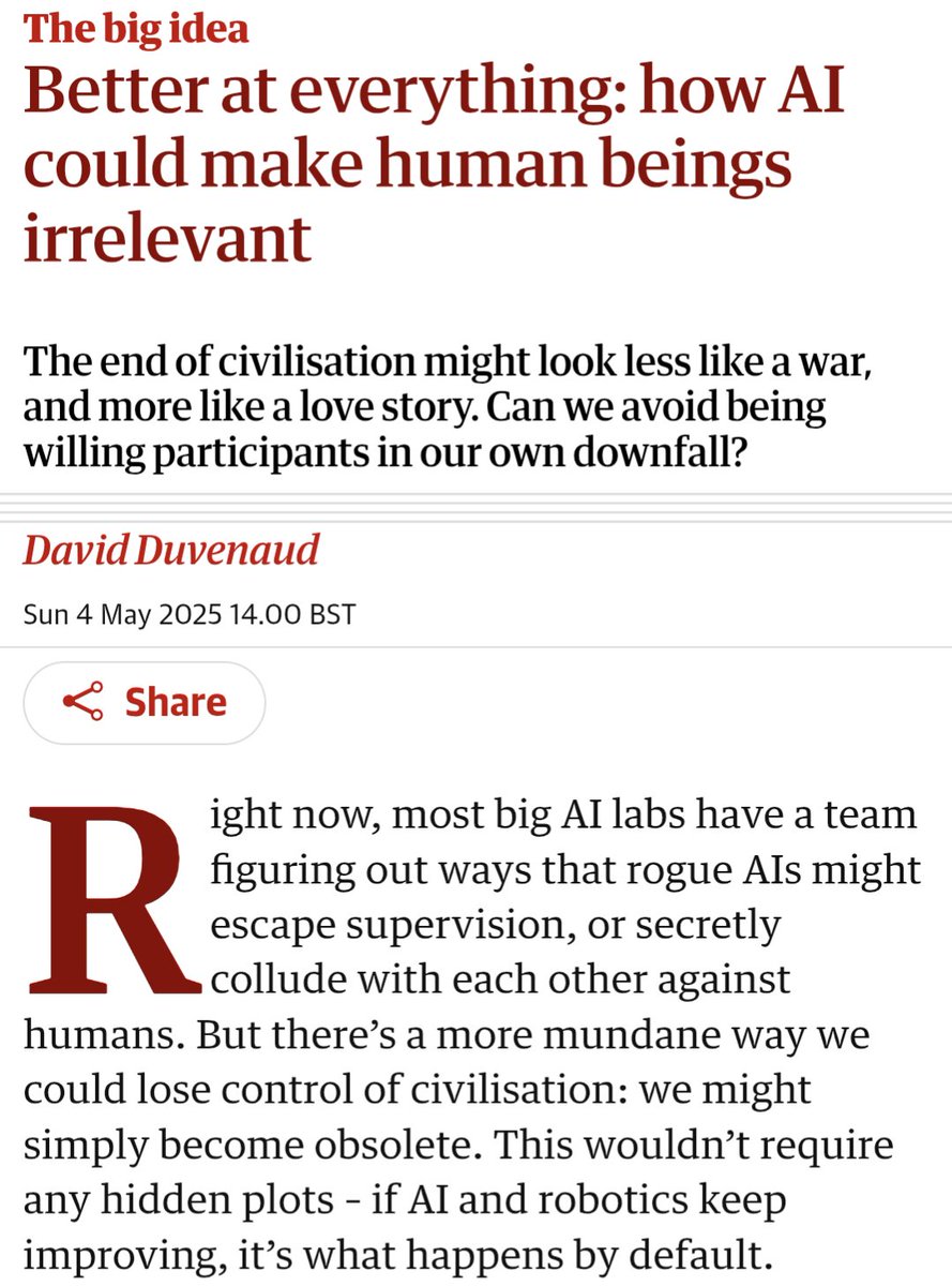Tyler John (@tyler_m_john) on Twitter photo I really like this new op ed from <a href="/DavidDuvenaud/">David Duvenaud</a> on how so many different kinds of pressures could drive towards loss of human control over AI. It's rare to read anything well written on this topic but this piece was elegant and smart enough that I wanted to keep on reading. I really like this new op ed from <a href="/DavidDuvenaud/">David Duvenaud</a> on how so many different kinds of pressures could drive towards loss of human control over AI. It's rare to read anything well written on this topic but this piece was elegant and smart enough that I wanted to keep on reading.