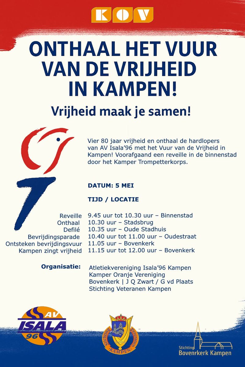 Loop morgen met ons het laatste stuk mee! 🇳🇱🔥 Om 11:05 uur wordt het Bevrijdingsvuur ontstoken in <a href="/gemKampen/">Gemeente Kampen</a>!