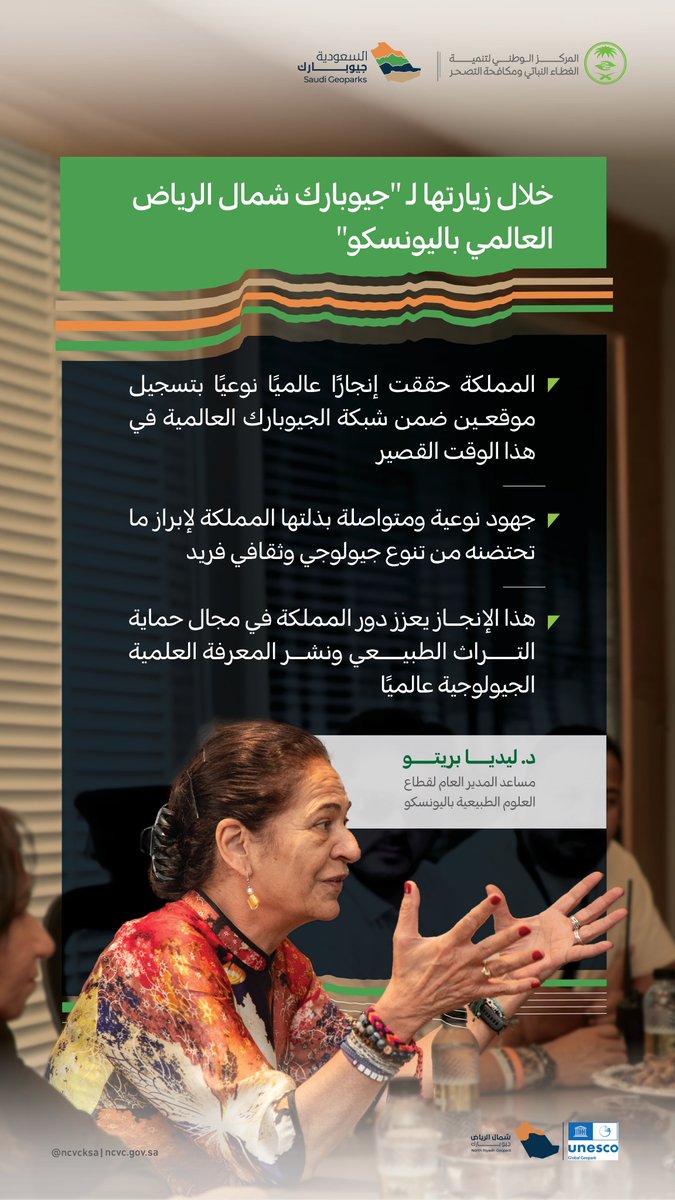 Saudi_Geoparks's tweet image. أشادت الدكتورة ليديا بريتو، مساعد المدير العام لقطاع العلوم الطبيعية باليونسكو بالتكوينات الجيولوجية الفريدة لموقع #شمال_الرياض_جيوبارك، وأهمية انضمامه لشبكة الجيوبارك العالمية.
#السعودية_جيوبارك
#أرضنا_تراث_العالم