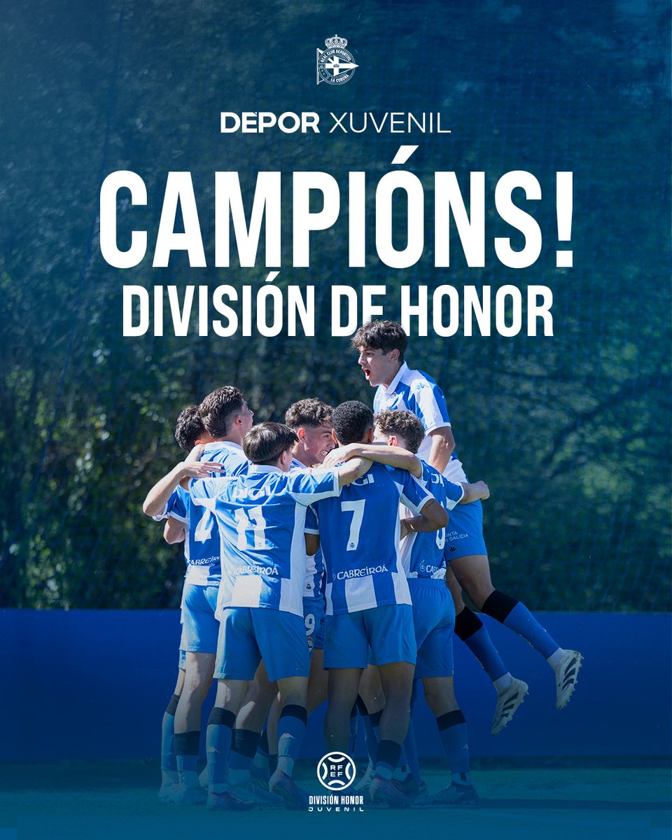 🏆 𝘾𝘼𝙈𝙋𝙄𝙊́𝙉𝙎!!! 🔥  

O #DéporXuvenilA proclamouse CAMPIÓN do Grupo I da División de Honra Xuvenil! 💙

Un orgullo para toda a familia deportivista!